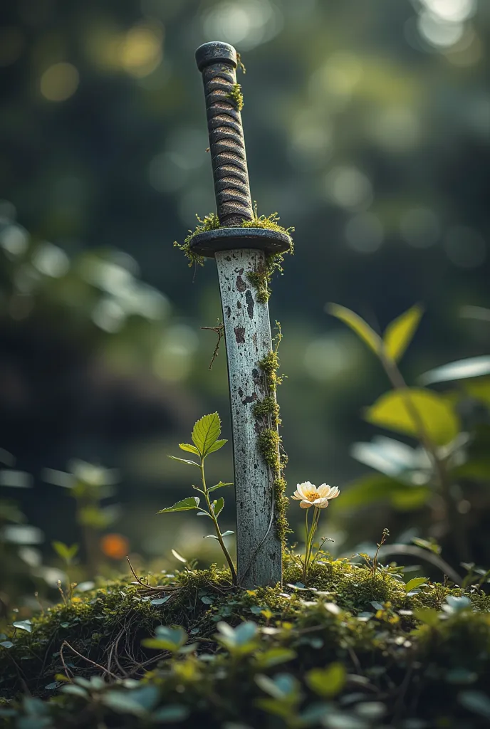 katana，覆盖着青苔和植物的腐烂katana，katana，katana, signs of decay,katana，small flower, in the dark,in conclusion,photography