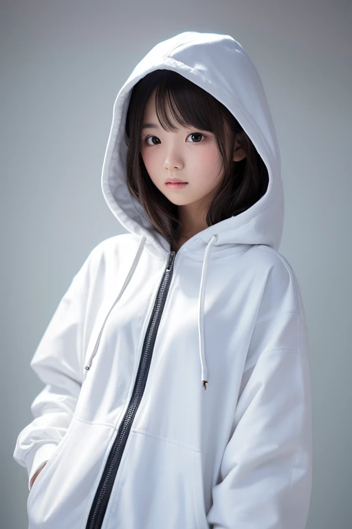 girl,  hooded, White clothes, Dim background