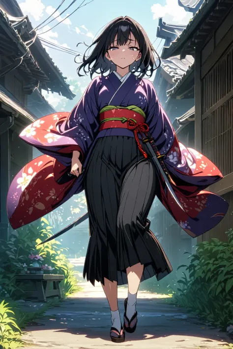 One young and beautiful woman,(Best Quality, Extremely Detailed Description , Incredibly Absurd Hi-Res),(Anime Samurai Girl ),(kimono,Hakama,knife:1.3),(Black Eyes,Black Hair, half-closed eye:1.1,sweat,Beautiful legs,Curvaceous Body, shiny skin,knifeを振っている...