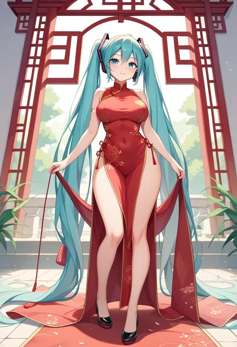  Hatsune Miku＝ vocaloid, full body image,desire、young、innocent、  big breasts at the temple、 red china dress、Big slit、Alluring、cool