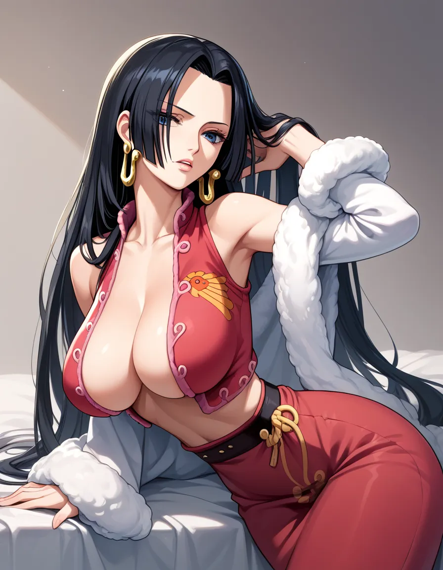 boa_hancock,long hair, black hair, earrings, large breasts,