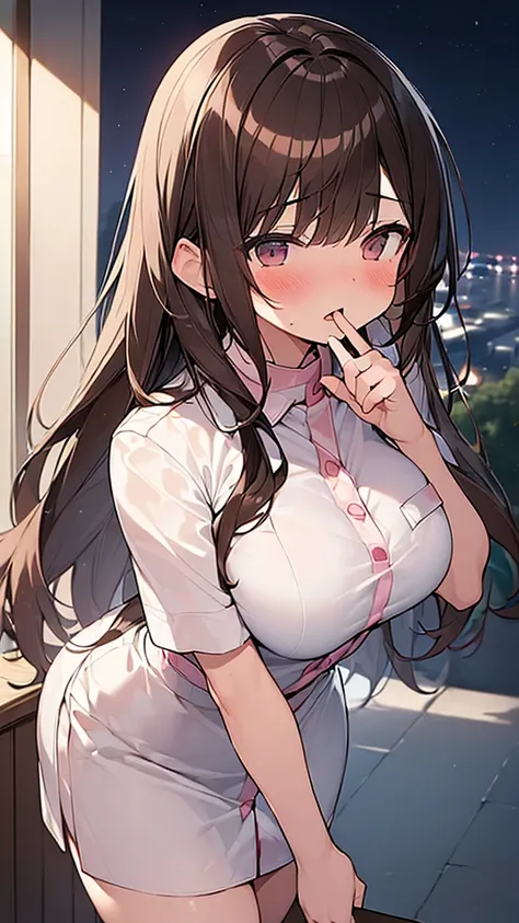 (Masterpiece, Top quality: 1.5), (at night:1.5), nsfw, ample breasts, (nurse uniform:1.3), (brown:1.5), (long Hair:1.2), wavy Hair, asymmetry bangs, swept bangs, airy hair, standard weight, (blush:1.4), open mouth, beautiful scene of hospital, (leaning for...