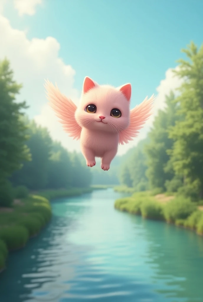 A small cute pink cat has grown wings and is flying over the river