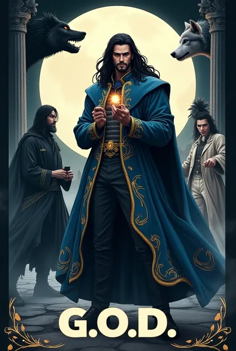 Godly Man with long black hair wore long royal blue and golden designed coat flipping a coin in main, mysterious man with glowing eyes long tied black hair wore long royal black coat in left side, young ancient man with grown black hair and short beard run...