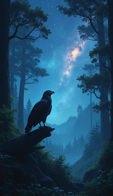 Fantastic night forest　Hawk looking up at the sky　Fantastic night sky　Photo-realistic images