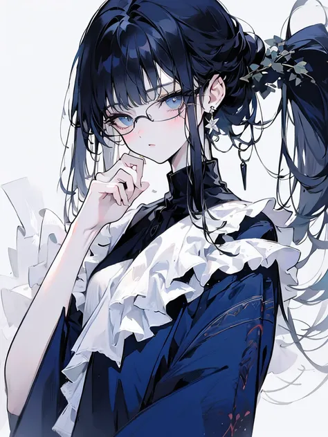 High quality, delicate, comic drawing, beautiful girl with beautiful and distinctive eyes, bobbed hair, navy blue blouse, hand over glasses, fashionable atmosphere --ar 2:3 --quality 0.5 --niji 6