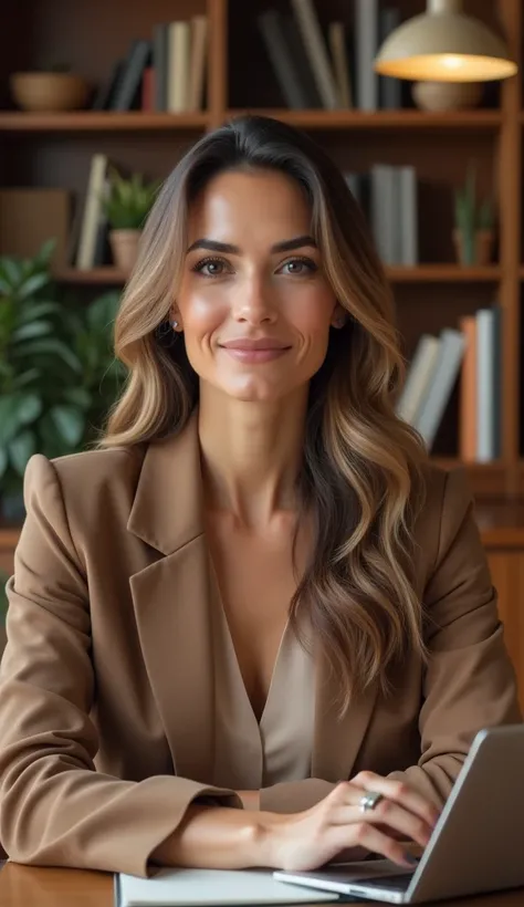 A 35-year-old woman with long brown hair transitioning to white, in a stylish office, participating in a video conference. She is wearing a beige silk blouse and a brown blazer, with a confident and attentive expression. In the background, shelves with boo...