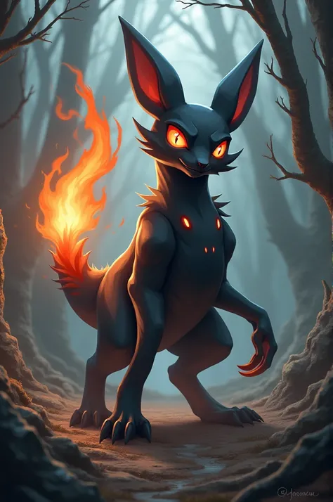 Drakomoth fire-type Pokémon with big ears on fire it has a black coat with the tip of its tail set on fire 