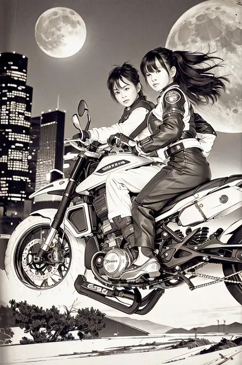 best quality, masterpiece, photo, 4K, photorealistic, highly detailed,
1girl riding motobike, techwear, cyberpunk city, solo, futuristic, huge moon in the background, black and white, by Akira Toriyama, closeup,
