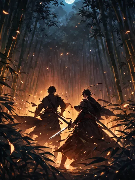 Two samurai facing each other in a moonlit bamboo forest at night, katana swords drawn, tense atmosphere, bamboo leaves swaying in the wind, moonlight reflecting off the sharp blades, dramatic lighting, highly detailed, cinematic composition, 4k resolution...