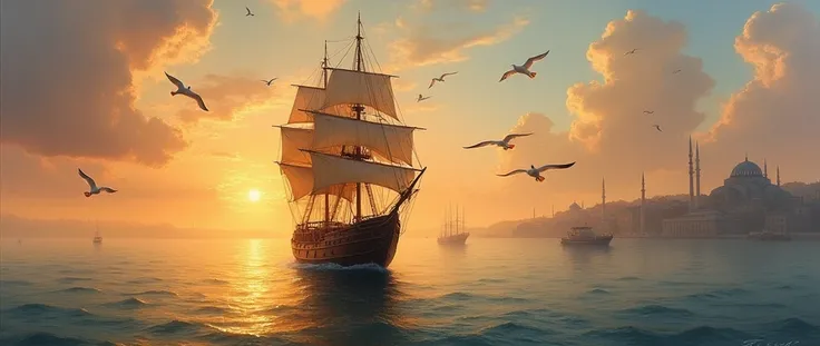 
painting, sea, sunset, ship, many white birds flying, clouds,  istanbul 1800 year