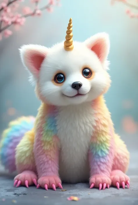 Pure white red panda with long rainbow hair and a unicorn horn with pink claws