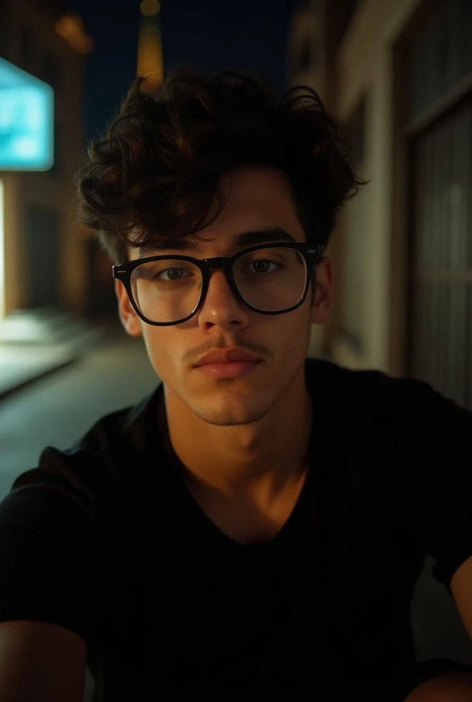 a handsome 19-year-old man, dark hair, selfie but not a close up, realistic, boy next door, friendly, black shirt, nice body, a bit muscular, broad shoulders, thin waist, glasses, night, messy hair, film grain, retro, Porta 160 color, shot on ARRI ALEXA 65...