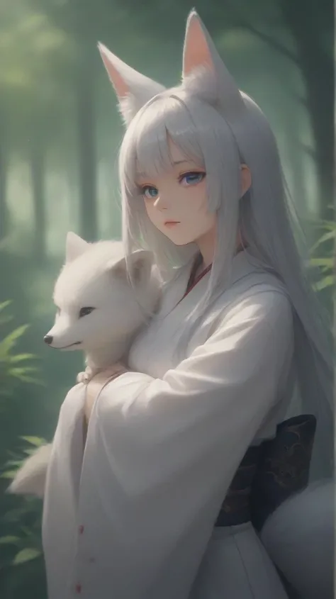 female, Silver Fox , Fox ears,  Gumiho tails, Dreamy, Fantasy, beautiful,   Republic of Korea Hanbok, Traditional Korean clothes,  Black Hanbok, Blue eyes, Mysterious, Blurred , Korea Gumiho, whole body, Gyeongbokgung Palace, In the green forest ,  blue at...