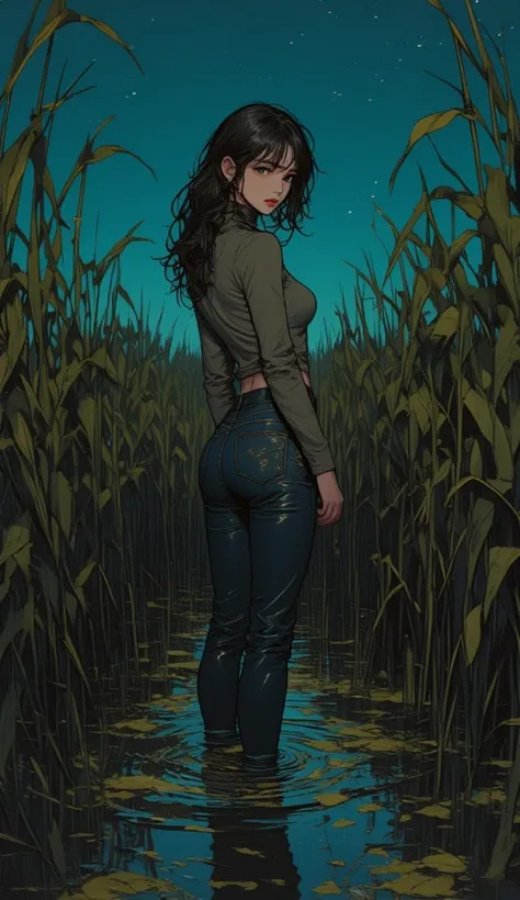 woman, turtlenecks and tight sexy jeans ,drowning in mud bog, green brown reeds, duckweed, night, stars sky, red lips, kinky pose, looks back