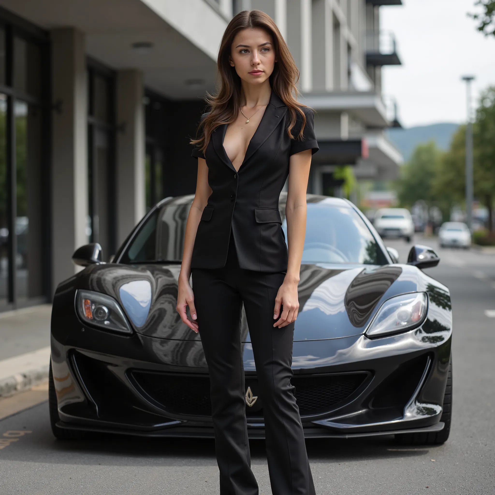 woman standing in front of a sports car