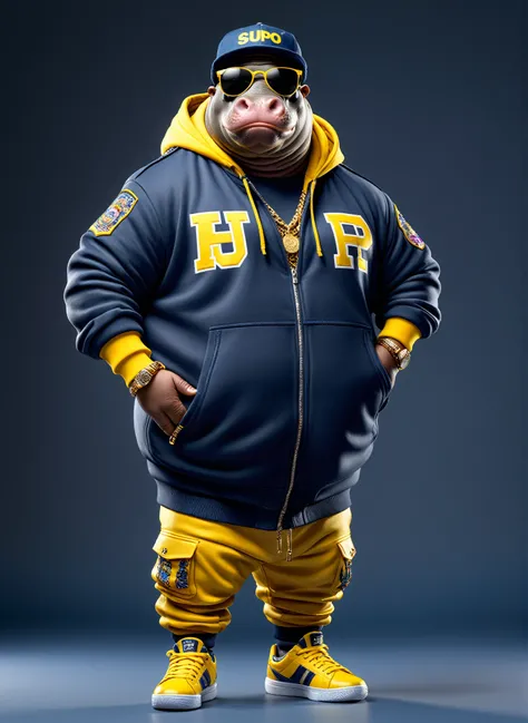 photorealistic portrait of Dressed animals - a ((fat)) (hippo) hip hop dancer,(standing), high quality,(lovely) ,intricate details, highly detailed ((hip hop fashion)) ,(wearing sunglasses:2.0), (cap, pants, sneakers),(wearing a jacket and hoodie:1.5) ,(na...