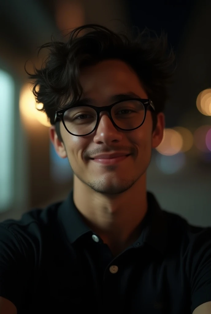 a handsome 19-year-old man, dark hair, selfie but not a close up, realistic, boy next door, friendly, black shirt, nice body, a bit muscular, broad shoulders, glasses, night, messy hair, film grain, retro, Porta 160 color, shot on ARRI ALEXA 65, sharp focu...