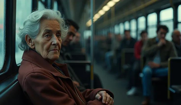 
The elderly woman: She is seated near the middle of the bus, repeatedly looking back at the mysterious trio. Her expression should convey a mix of suspicion and fear.
