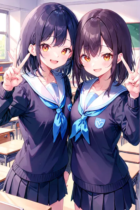 two girls in high school, classroom,  happy , v sign,  school uniform