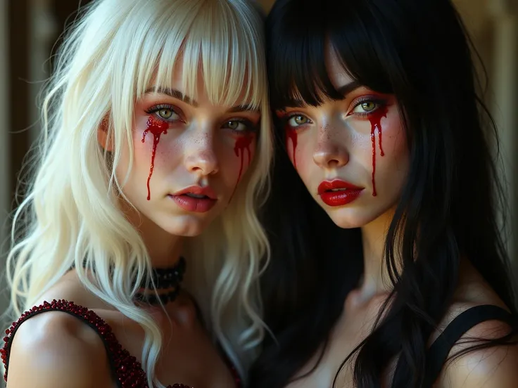 2 adult female vampires mulatto, vampires, arch, the woman on the left has a bulging chest, huge breasts, nipples, mulatto, cute beautiful sexy face, bright red eyes, white hair, long hair, bangs, red cheeks, freckles, open mouth, long vampire fangs, blood...