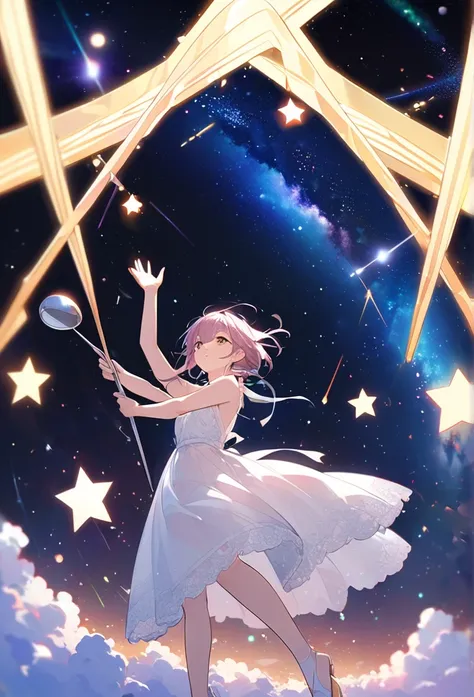  high detail,   Super Detailed ,  super high definition, A girl having a good time in a dream galaxy, Surrounded by stars, The warm light that shines on her,  The background is a starry sky with colorful galaxies and galaxy clouds, The flying stars surroun...