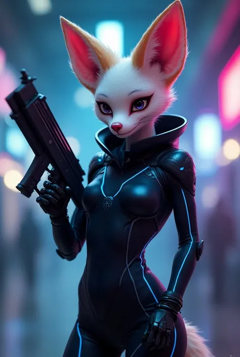 Humanoid male Fennec fox with large, expressive ears in a futuristic style. He is positioned sideways, holding a machine gun in one hand, showing a posture of confidence and readiness for battle. His face has sharp, expressive eyes that convey charisma and...