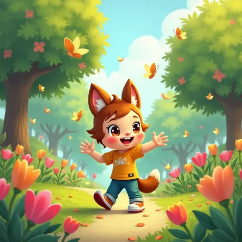 An An illustration of Milo walking through the park with a smile, waving at the  and other friends. The park is still vibrant with flowers and butterflies flying around, signifying friendship and joy in the air."