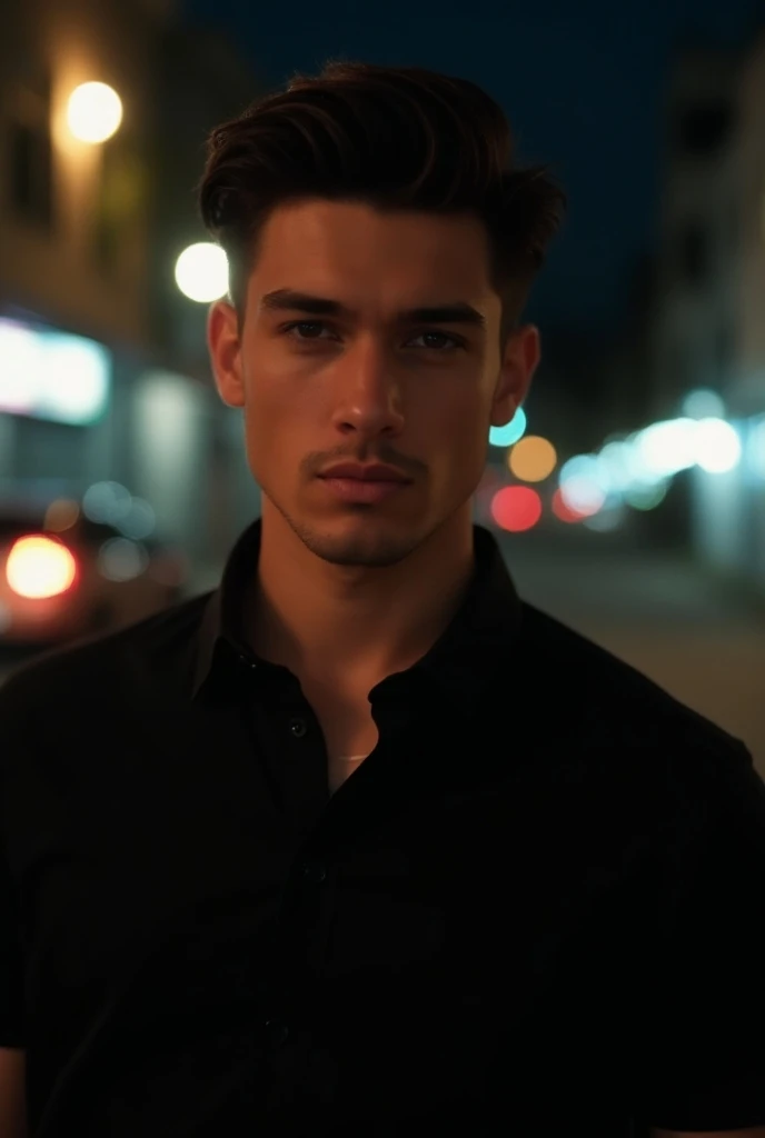 a handsome 19-year-old man, dark hair, selfie but not a close up, realistic, boy next door, cool, black shirt, nice body, muscular, broad shoulders, glasses, night, neat hair, film grain, retro, Porta 160 color, shot on ARRI ALEXA 65, sharp focus on subjec...