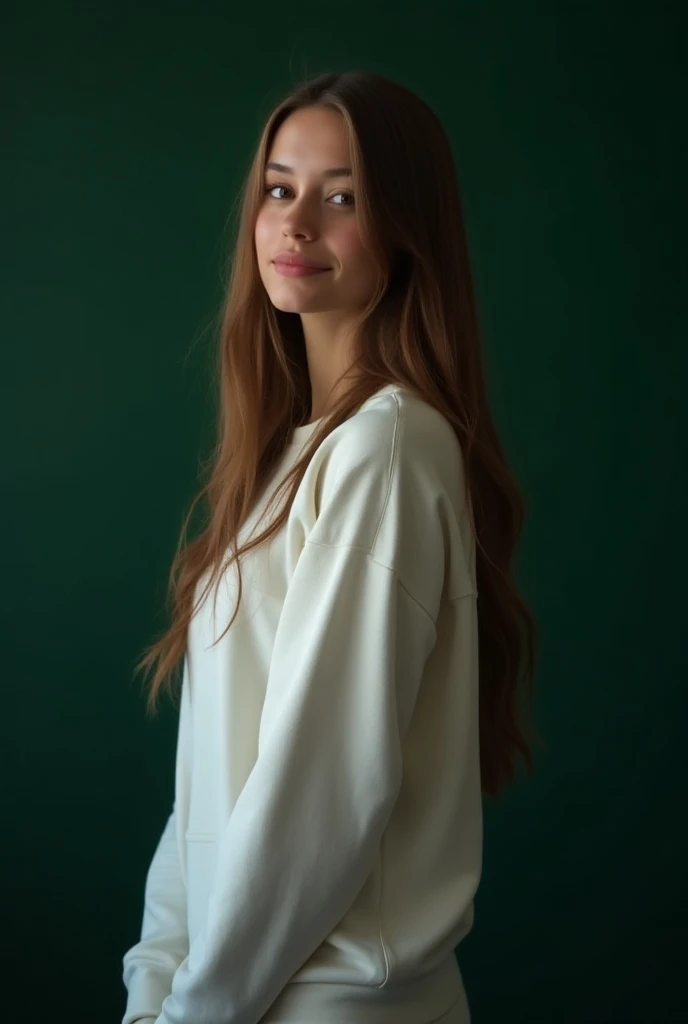  In Photo-Imaging of professional photorealistic images, (Dark green background), (wearing a white sweatshirt)  A pretty woman with long 25-year-old hair, completely on his back, frame up to the legs 
