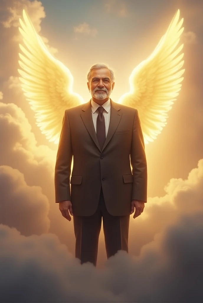 "Create a realistic, highly detailed image of Ratan Tata standing in a heavenly, ethereal environment. His face should resemble his real, well-known features: a distinguished older man with a calm, wise expression, neatly combed gray hair, a well-groomed b...