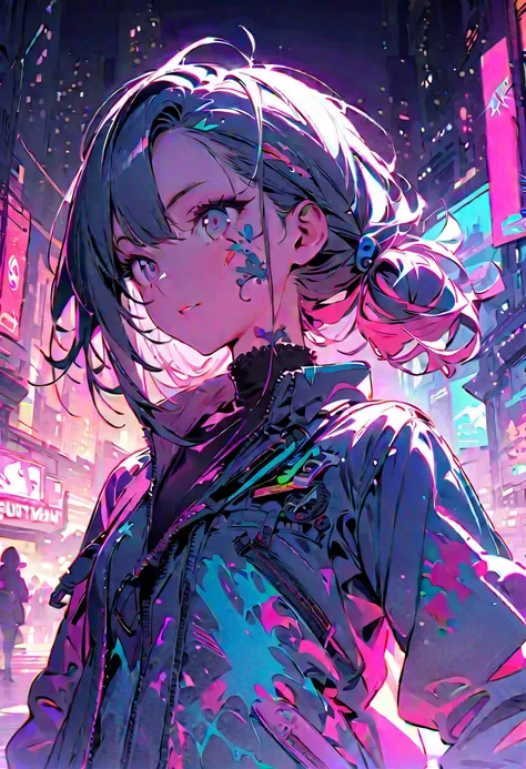 (masterpiece, best quality),(double exposure:1.2), subtle colors, post-grunge, concept art, paint splatters, intricate details. trends in art station, detailed depiction,(Rock fashion girl walking in neon city,beautiful detailed face,One side cropped hairs...