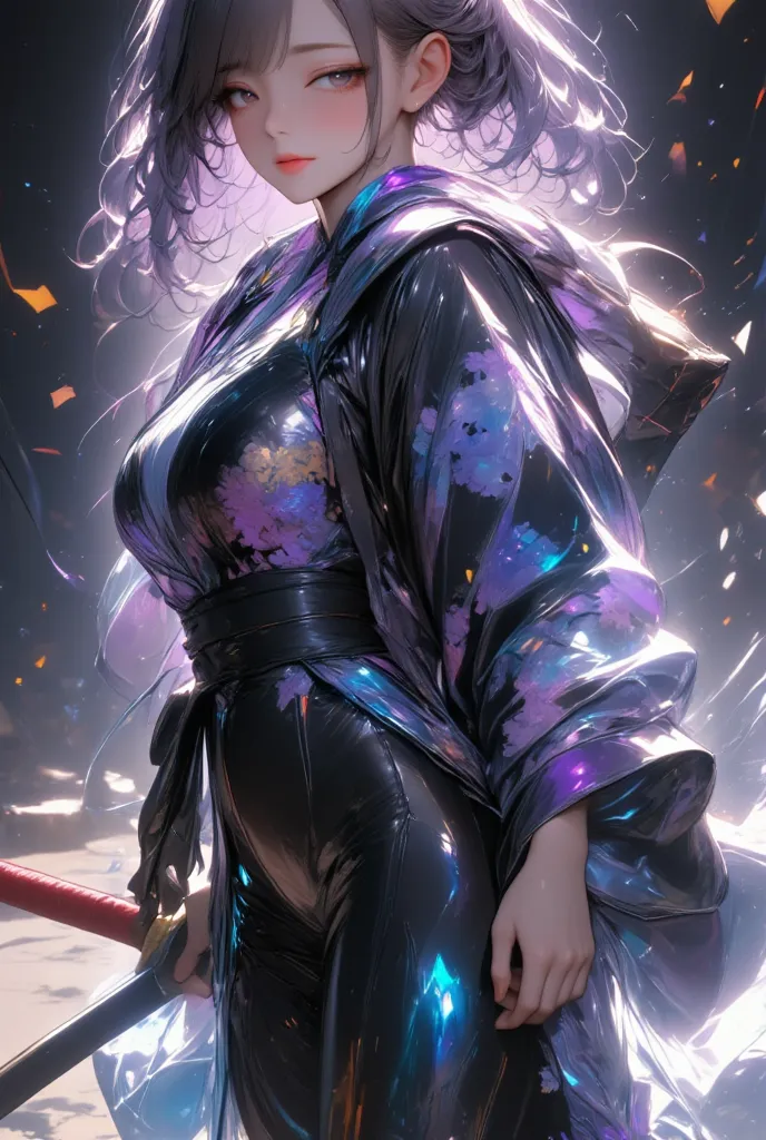 One young and beautiful woman,(Best Quality, Extremely Detailed Description , Incredibly Absurd Hi-Res),(Anime Samurai Girl ),(kimono,Hakama,knife:1.3),(Black Eyes,Black Hair, half-closed eye:1.1,sweat,Beautiful legs,Curvaceous Body, shiny skin,knifeを振っている...