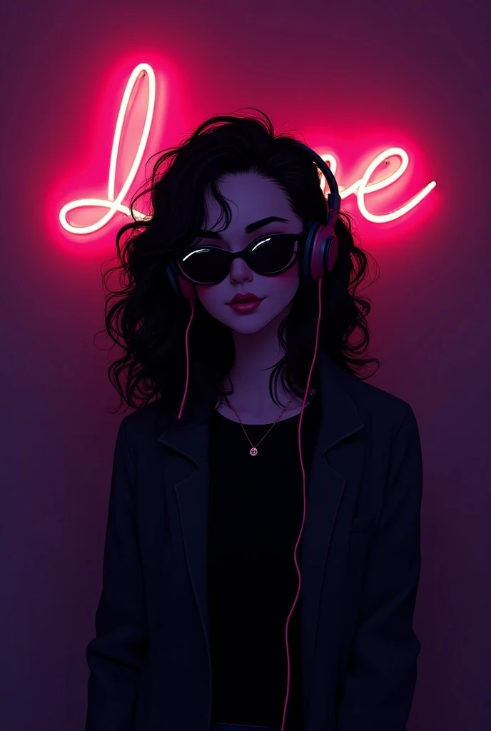 Black hair . beautiful woman with curly hair Volume and sunglasses in headphones - earphone surrounding dark room neon cyberpunk at night coordinator neon glow,In the room the sign glows and shimmers in neon light "Love", Anime style,Beautiful colors, Livi...