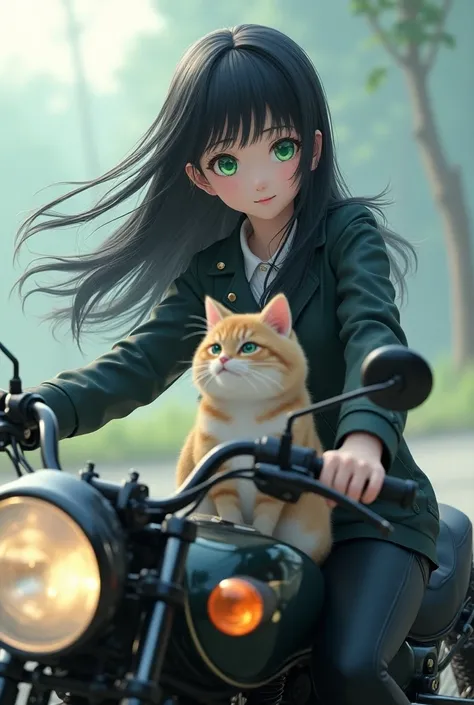 beautiful detailed anime girl, 1girl, green eyes, long black hair, riding motorcycle, cute cat, intricate details, hyperrealistic, octane render, cinematic lighting, volumetric fog, photorealistic, vibrant colors, masterpiece, (best quality,4k,8k,highres,m...