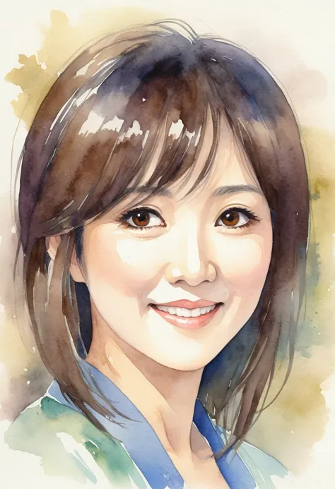 A watercolor illustration of Ayano Fujisaki, a 48-year-old Japanese idol, turning to glance over her shoulder with a serene expression. Her round face, gentle brown eyes with soft laugh lines, and refined features exude mature beauty. She appears to be in ...