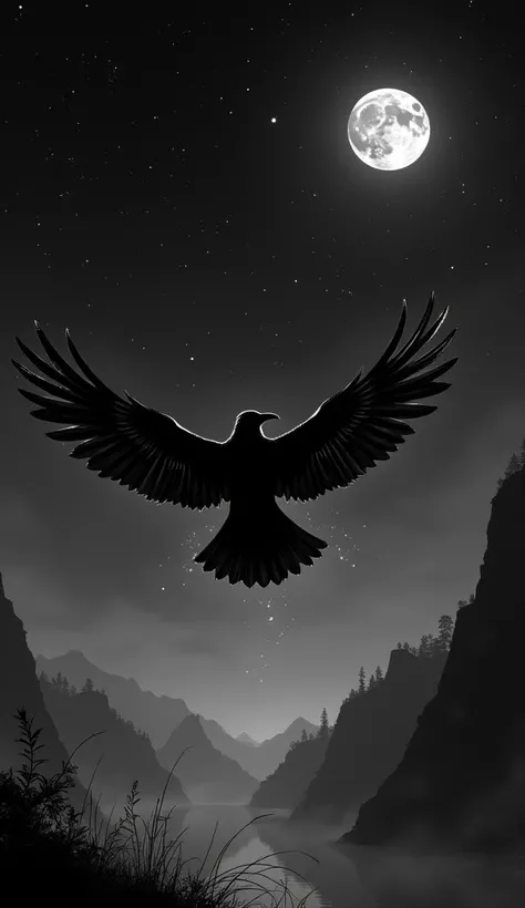 A sleek raven soaring through a starlit black-and-white night sky, leaving a delicate trail of stardust behind its wings. The stars around the raven sparkle subtly, highlighting its graceful flight across a mysterious, moonlit landscape.