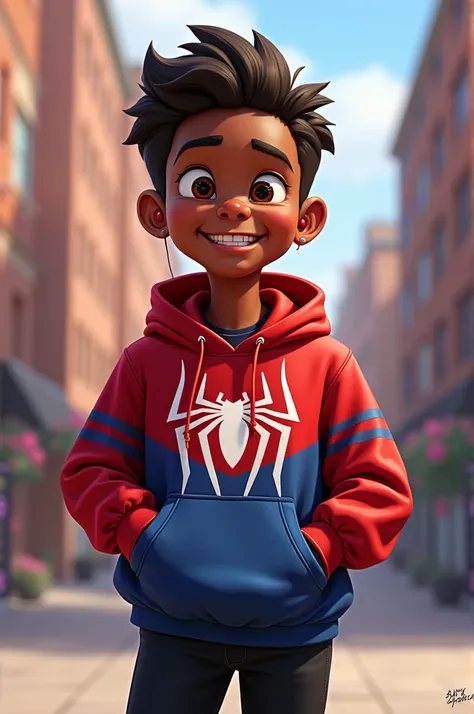 A happy boy sleeve version of Miles Morales sweatshirt wearing black pants with red earphones 