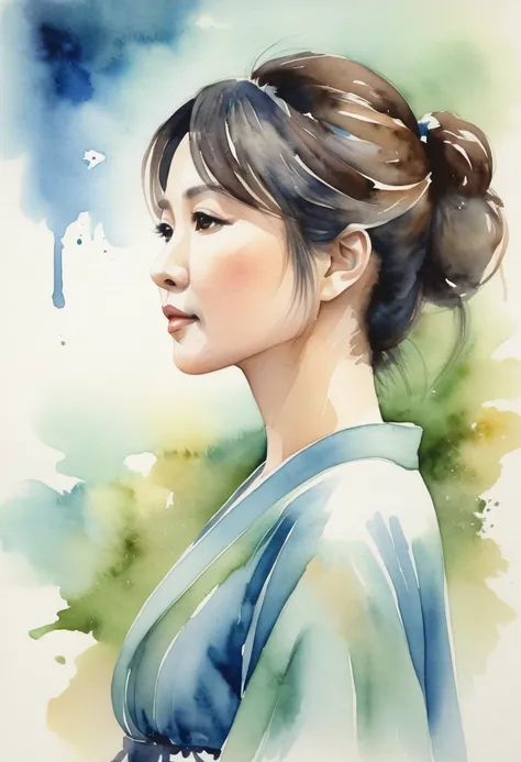 A side-profile watercolor illustration of Ayano Fujisaki, a 48-year-old Japanese idol, walking gracefully with a serene, thoughtful expression. Her round face, elegant nose, and full lips capture her mature elegance in profile. The abstract background sugg...