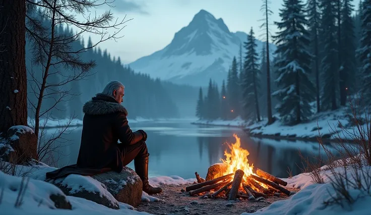 masterpiece,  best quality,  photorealistic, raw photo, winter ,

panorama, perspective, from below, 

geralt of rivia witcher, sitting on a rock next to a fire in the middle of a forest, loneliness, sadness, sorrow, detailed face ,  detailed eyes ,

 Rive...