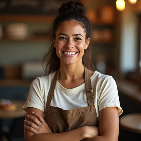  realistic portrait of a woman, smiling, happy, open smile,  arms crossed, Brazilian; profession: Baker ; Environment:  would stop ,  blurry background,  soft light , Ultrarealistic,  realistic image , 8k