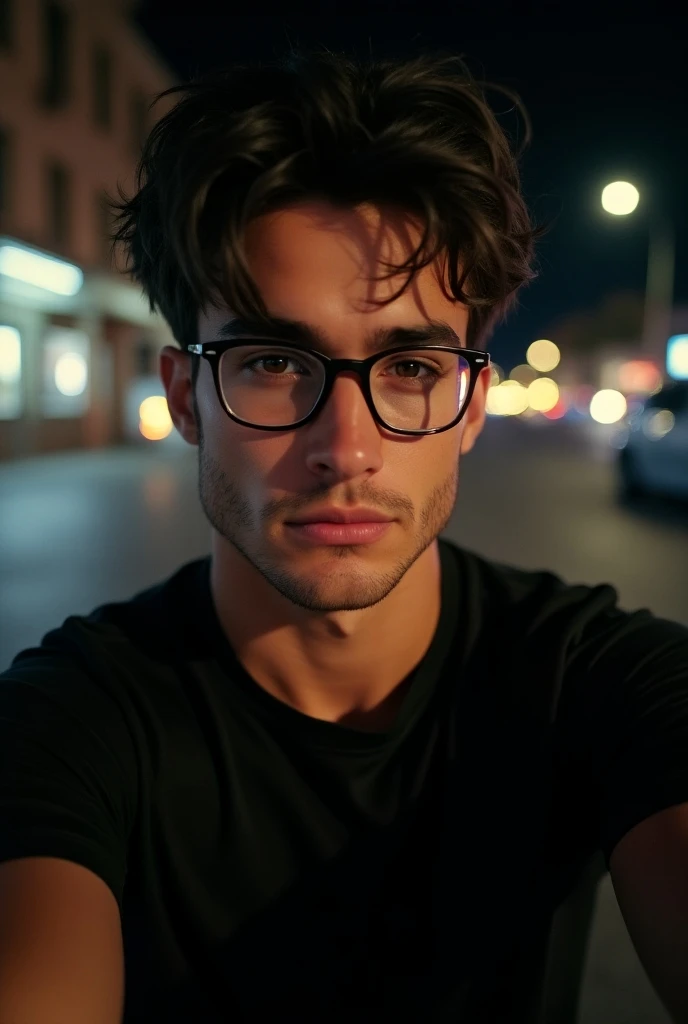 a handsome 19-year-old man, dark hair, selfie but not a close up, realistic, boy next door, cool, black shirt, nice body, muscular, broad shoulders, glasses, night, messy hair, photo with big muscular arms near the hair, film grain, retro, Porta 160 color,...