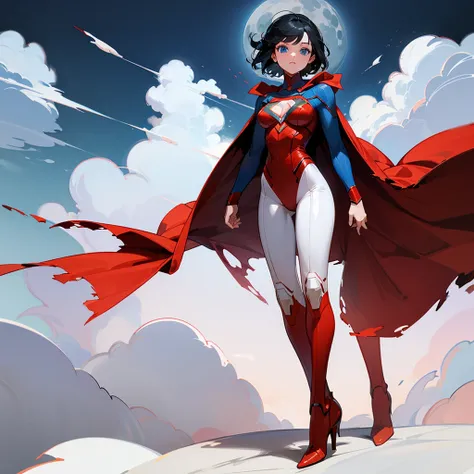 1girl, solo, breasts, Supergirl, teenage, looking at viewer, short hair, blue eyes, black hair, cleavage, medium breasts, full body, cloud, cape, high heels, standing, clothing cutout, bodysuit, hair intakes, moon, cleavage cutout, full moon, red cape, sup...