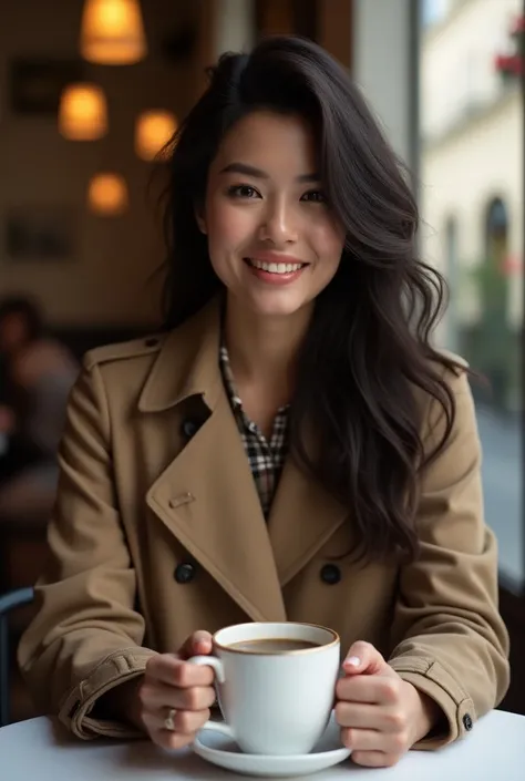 French beauty wearing a brown Burberry coat and drinking coffee with a smile