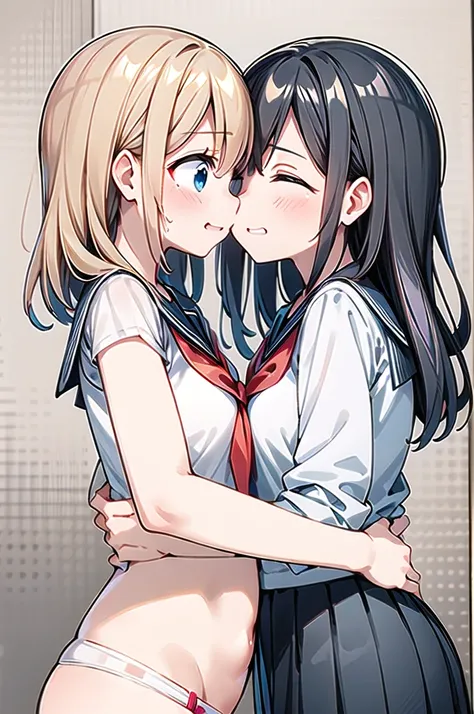 masterpiece, ULTRA DELICATE AND BEAUTIFUL ,Best Quality,2girls, sailor suit leaning against wall, navy pleated skirt,smile,, side view,Girl pinned to wall ,,{{kissu, close your eyes 