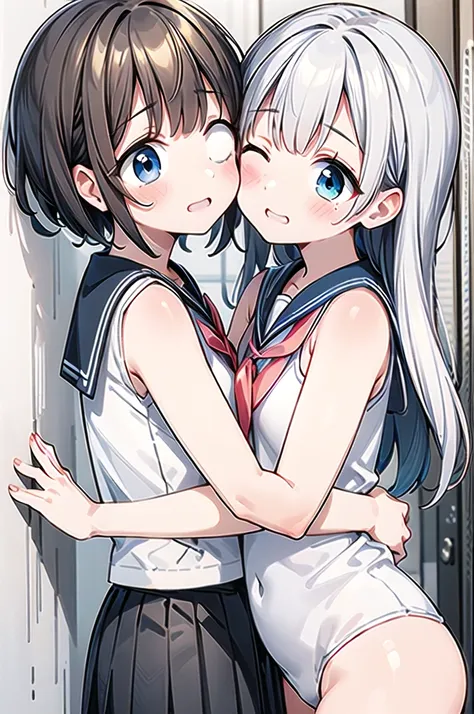 masterpiece, ULTRA DELICATE AND BEAUTIFUL ,Best Quality,2girls, sailor suit leaning against wall, navy pleated skirt,smile,, side view,Girl pinned to wall ,,{{kissu, close your eyes 