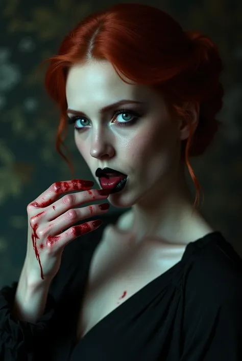 Red-haired Victorian licking her bloody hand, black lipstick, black eyeliner, black eyeshadow, blue eyes