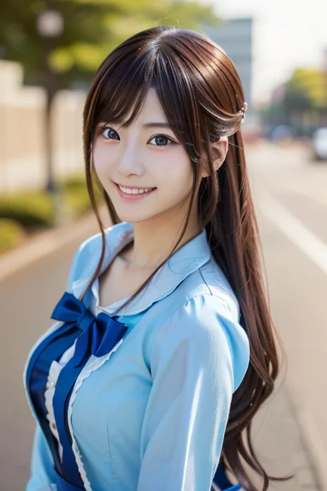 photo-realistic quality、a japanese model is standing wearing blue accented clothes,   cosplay, anime girl  cosplay,  cosplay pho...