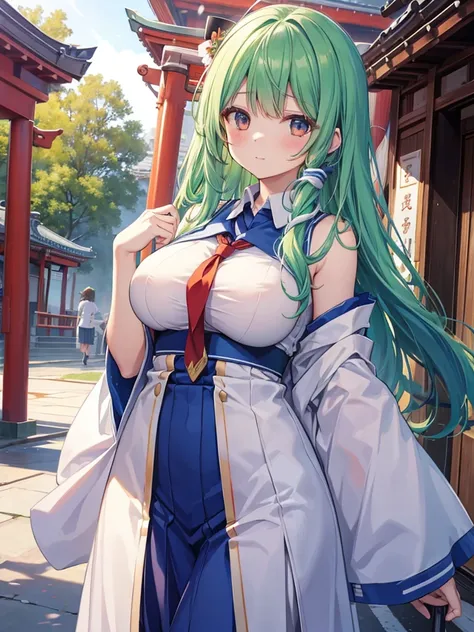 Sanae Kochiya、[uniform]、School route、Long Hair,  big breasts at the temple,  Textured Skin