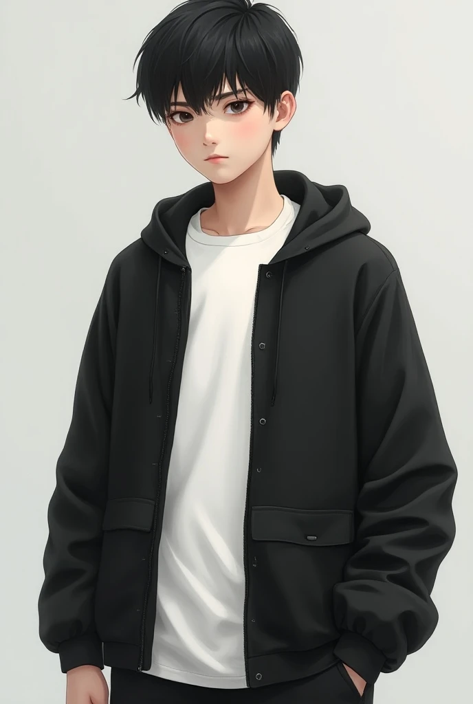 Short black haired teenage boy wearing white t-shirt with black jacket 